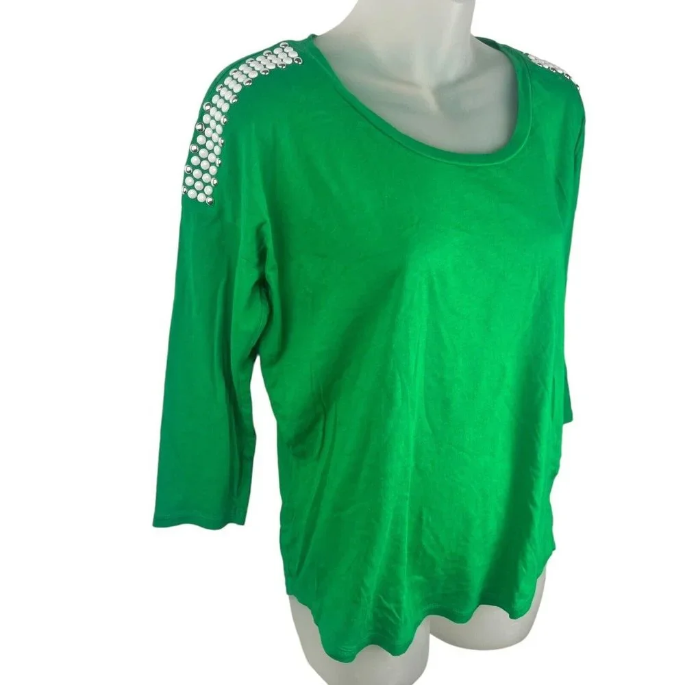 Michael Kors Green Shirt Beaded White Silver Long Sleeve Top Women's Size Medium